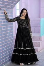 Thumbnail for Jyoti Fashion Women's Black Faux Blooming Sequins with Zari Embroidered Anarkali Dress - Distacart