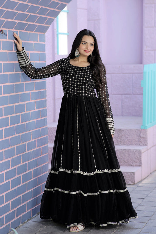 Jyoti Fashion Women's Black Faux Blooming Sequins with Zari Embroidered Anarkali Dress - Distacart