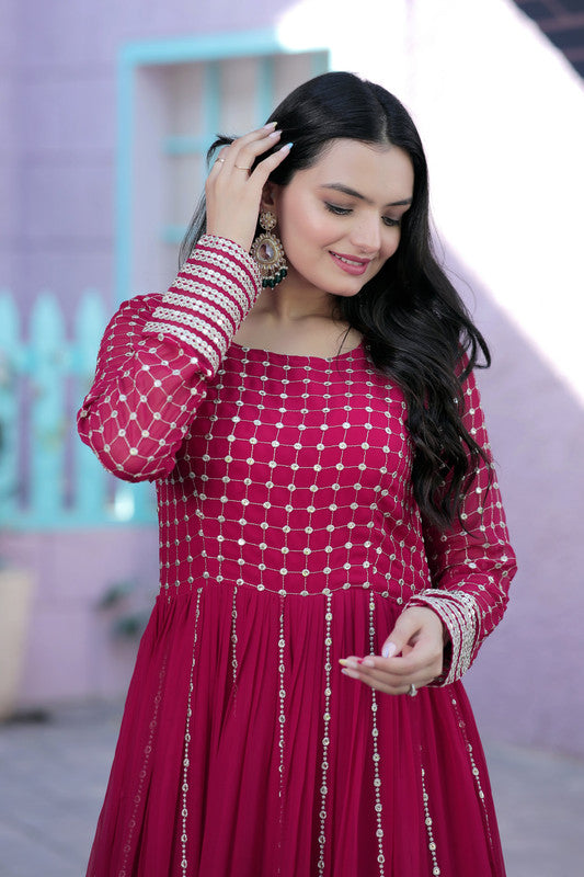 Jyoti Fashion Women's Rani Pink Faux Blooming Sequins with Zari Embroidered Anarkali Dress - Distacart