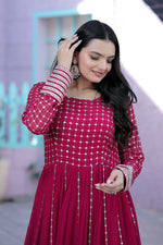 Thumbnail for Jyoti Fashion Women's Rani Pink Faux Blooming Sequins with Zari Embroidered Anarkali Dress - Distacart