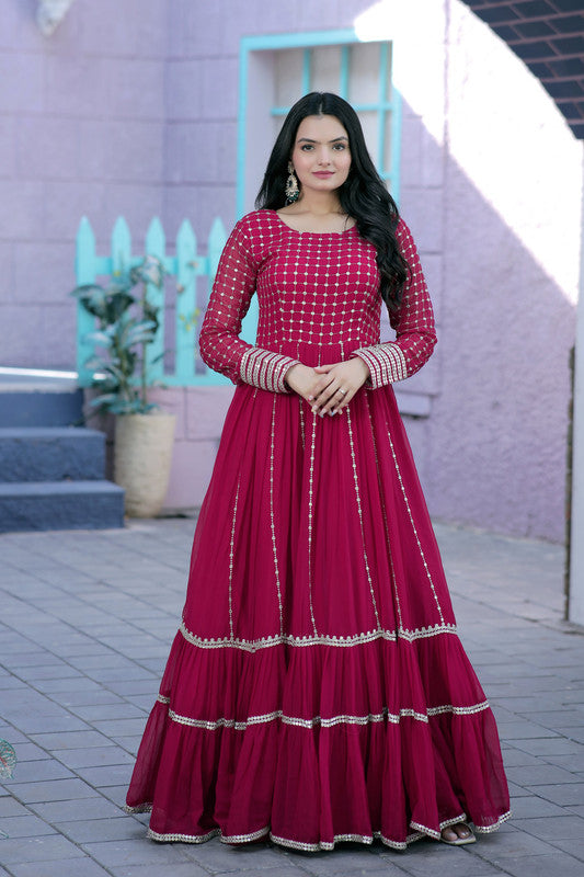 Jyoti Fashion Women's Rani Pink Faux Blooming Sequins with Zari Embroidered Anarkali Dress - Distacart