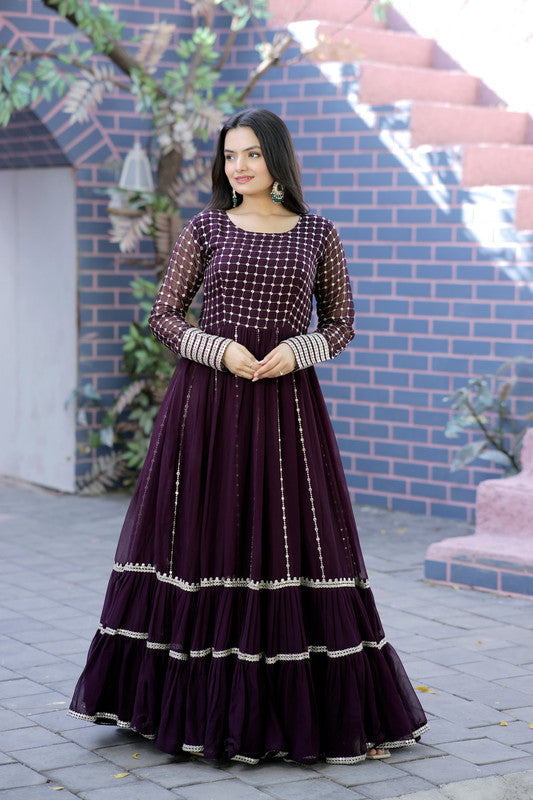 Jyoti Fashion Women's Wine Faux Blooming Sequins with Zari Embroidered Anarkali Dress - Distacart