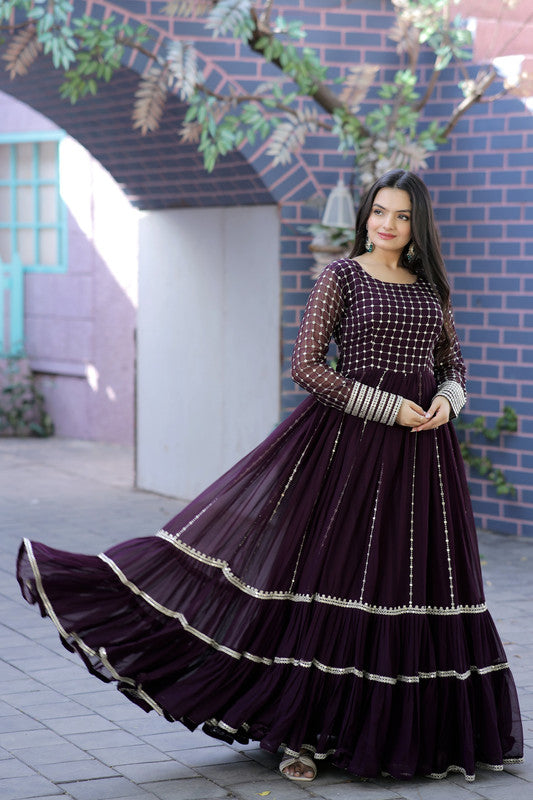 Jyoti Fashion Women's Wine Faux Blooming Sequins with Zari Embroidered Anarkali Dress - Distacart