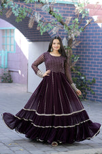 Thumbnail for Jyoti Fashion Women's Wine Faux Blooming Sequins with Zari Embroidered Anarkali Dress - Distacart