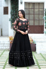 Thumbnail for Jyoti Fashion Women's Black Faux Blooming Sequins with Multi Thread Embroidered Anarkali Dress - Distacart