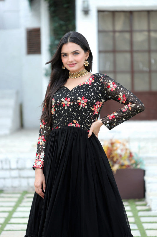 Jyoti Fashion Women's Black Faux Blooming Sequins with Multi Thread Embroidered Anarkali Dress - Distacart