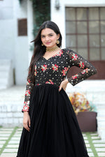 Thumbnail for Jyoti Fashion Women's Black Faux Blooming Sequins with Multi Thread Embroidered Anarkali Dress - Distacart