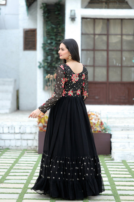 Jyoti Fashion Women's Black Faux Blooming Sequins with Multi Thread Embroidered Anarkali Dress - Distacart