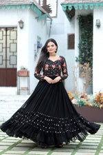 Thumbnail for Jyoti Fashion Women's Black Faux Blooming Sequins with Multi Thread Embroidered Anarkali Dress - Distacart