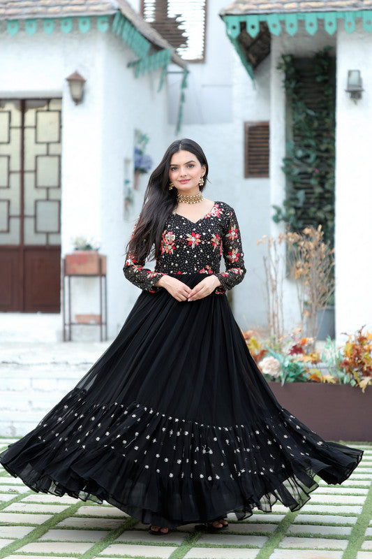 Jyoti Fashion Women's Black Faux Blooming Sequins with Multi Thread Embroidered Anarkali Dress - Distacart