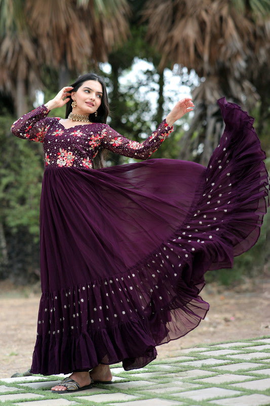 Jyoti Fashion Women's Wine Faux Blooming Sequins with Multi Thread Embroidered Anarkali Dress - Distacart