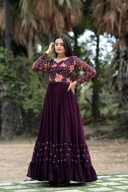 Jyoti Fashion Women's Wine Faux Blooming Sequins with Multi Thread Embroidered Anarkali Dress - Distacart