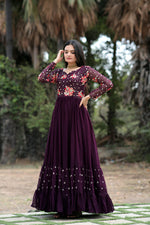 Thumbnail for Jyoti Fashion Women's Wine Faux Blooming Sequins with Multi Thread Embroidered Anarkali Dress - Distacart