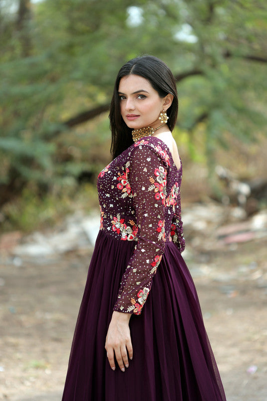 Jyoti Fashion Women's Wine Faux Blooming Sequins with Multi Thread Embroidered Anarkali Dress - Distacart