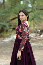 Thumbnail for Jyoti Fashion Women's Wine Faux Blooming Sequins with Multi Thread Embroidered Anarkali Dress - Distacart