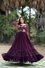Thumbnail for Jyoti Fashion Women's Wine Faux Blooming Sequins with Multi Thread Embroidered Anarkali Dress - Distacart