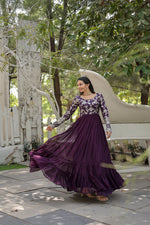 Thumbnail for Jyoti Fashion Women's Wine Faux Blooming Jacquard with Sequins Embroidered Anarkali Dress - Distacart