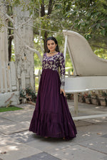 Thumbnail for Jyoti Fashion Women's Wine Faux Blooming Jacquard with Sequins Embroidered Anarkali Dress - Distacart