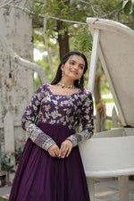 Thumbnail for Jyoti Fashion Women's Wine Faux Blooming Jacquard with Sequins Embroidered Anarkali Dress - Distacart