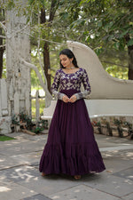 Thumbnail for Jyoti Fashion Women's Wine Faux Blooming Jacquard with Sequins Embroidered Anarkali Dress - Distacart