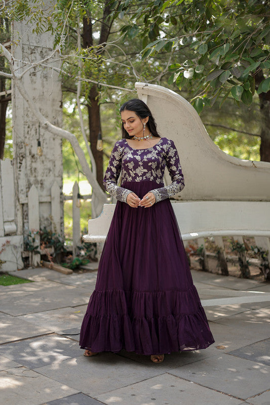 Jyoti Fashion Women's Wine Faux Blooming Jacquard with Sequins Embroidered Anarkali Dress - Distacart