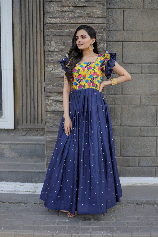Jyoti Fashion Women's Blue Maslin with Chinon Embroidered Partwear Anarkali Dress - Distacart