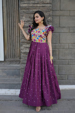 Thumbnail for Jyoti Fashion Women's Wine Maslin with Chinon Embroidered Partwear Anarkali Dress - Distacart