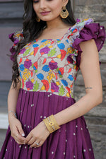Thumbnail for Jyoti Fashion Women's Wine Maslin with Chinon Embroidered Partwear Anarkali Dress - Distacart