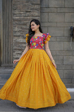 Thumbnail for Jyoti Fashion Women's Yellow Maslin with Chinon Embroidered Partwear Anarkali Dress - Distacart