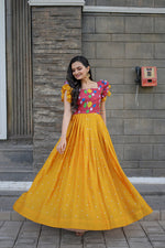 Thumbnail for Jyoti Fashion Women's Yellow Maslin with Chinon Embroidered Partwear Anarkali Dress - Distacart