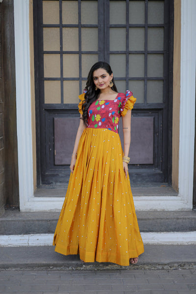 Jyoti Fashion Women's Yellow Maslin with Chinon Embroidered Partwear Anarkali Dress - Distacart