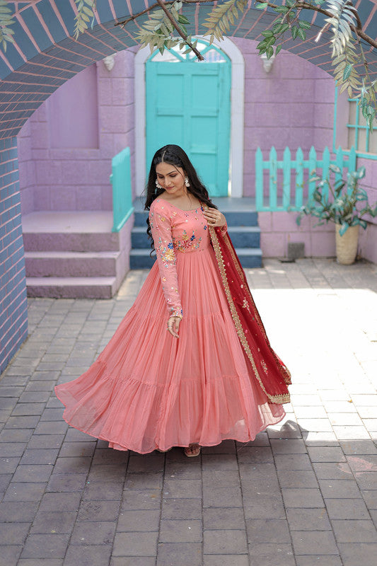 Jyoti Fashion Women's Peach Faux Georgette Thread Embroidery Anarkali Dress with Dupatta - Distacart