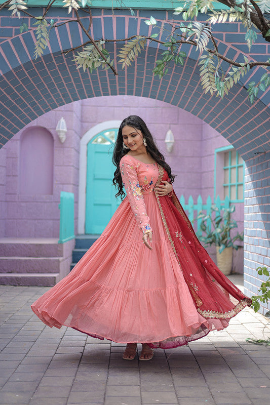 Jyoti Fashion Women's Peach Faux Georgette Thread Embroidery Anarkali Dress with Dupatta - Distacart