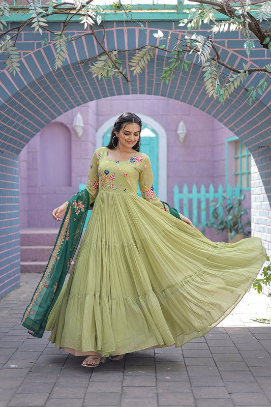 Jyoti Fashion Women's Pista Faux Georgette Thread Embroidery Anarkali Dress with Dupatta - Distacart