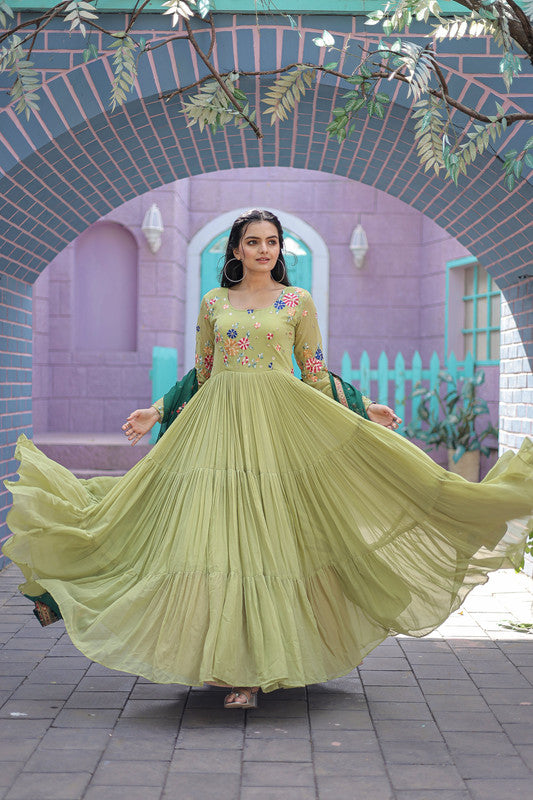 Jyoti Fashion Women's Pista Faux Georgette Thread Embroidery Anarkali Dress with Dupatta - Distacart