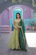 Thumbnail for Jyoti Fashion Women's Pista Faux Georgette Thread Embroidery Anarkali Dress with Dupatta - Distacart