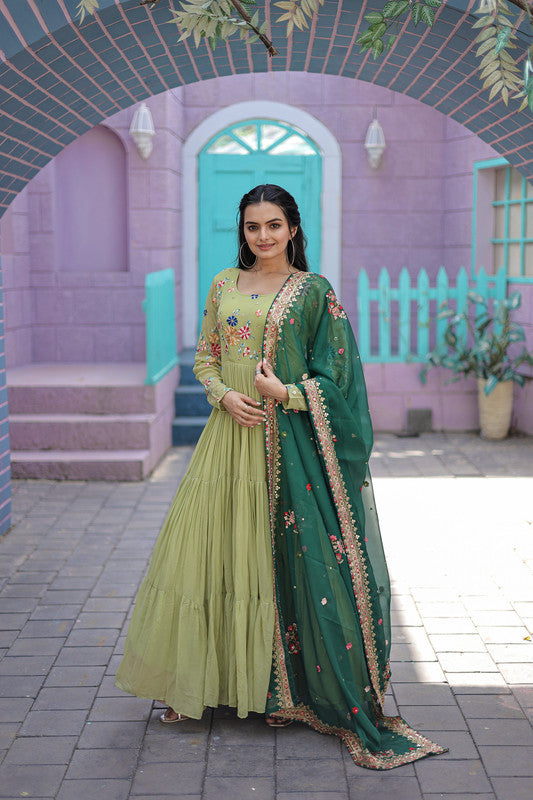 Jyoti Fashion Women's Pista Faux Georgette Thread Embroidery Anarkali Dress with Dupatta - Distacart