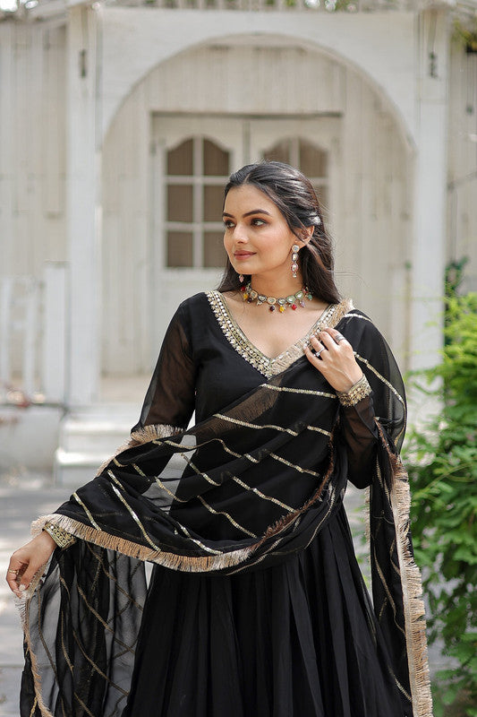 Jyoti Fashion Women's Black Faux Blooming Sequins Embroidery Anarkali Dress with Dupatta - Distacart