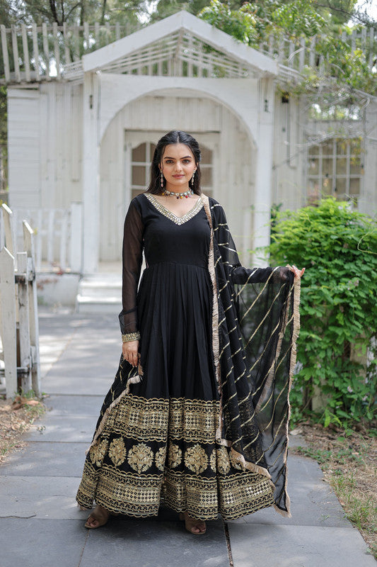 Jyoti Fashion Women's Black Faux Blooming Sequins Embroidery Anarkali Dress with Dupatta - Distacart