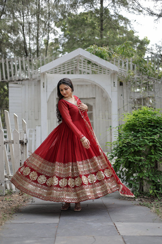 Jyoti Fashion Women's Maroon Faux Blooming Sequins Embroidery Anarkali Dress with Dupatta - Distacart