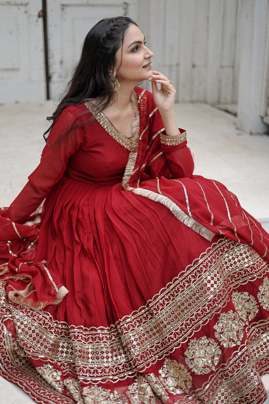 Jyoti Fashion Women's Maroon Faux Blooming Sequins Embroidery Anarkali Dress with Dupatta - Distacart