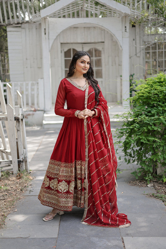 Jyoti Fashion Women's Maroon Faux Blooming Sequins Embroidery Anarkali Dress with Dupatta - Distacart