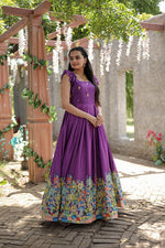Thumbnail for Jyoti Fashion Women's Wine Dola Silk Printed Festive Designer Anarkali Dress - Distacart