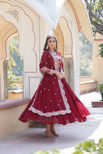 Thumbnail for Jyoti Fashion Women's Maroon Faux Blooming Jacquard with Sequins Embroidered Anarkali Dress with Dupatta - Distacart