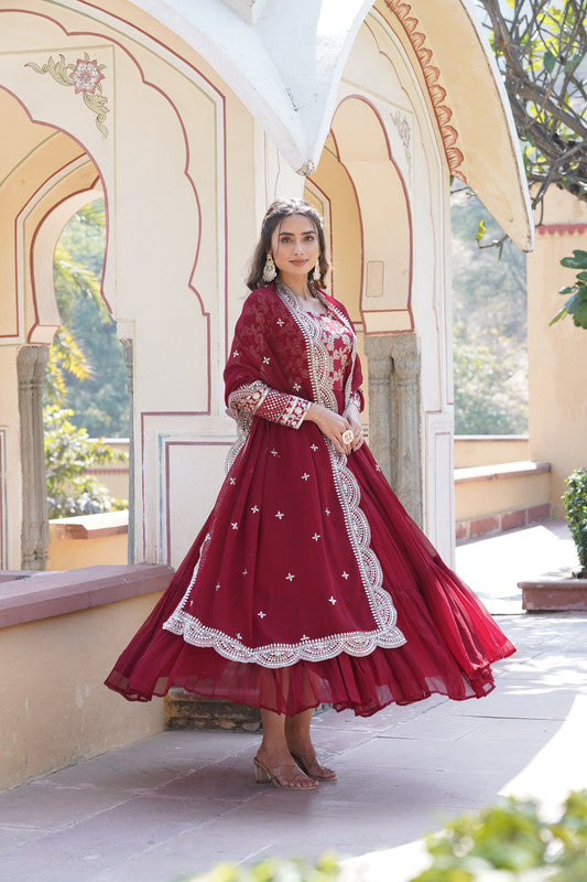 Jyoti Fashion Women's Maroon Faux Blooming Jacquard with Sequins Embroidered Anarkali Dress with Dupatta - Distacart