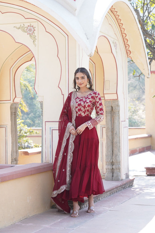 Jyoti Fashion Women's Maroon Faux Blooming Jacquard with Sequins Embroidered Anarkali Dress with Dupatta - Distacart