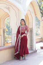 Thumbnail for Jyoti Fashion Women's Maroon Faux Blooming Jacquard with Sequins Embroidered Anarkali Dress with Dupatta - Distacart