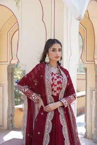 Thumbnail for Jyoti Fashion Women's Maroon Faux Blooming Jacquard with Sequins Embroidered Anarkali Dress with Dupatta - Distacart