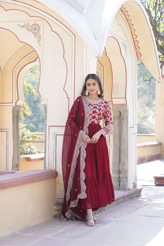 Jyoti Fashion Women's Maroon Faux Blooming Jacquard with Sequins Embroidered Anarkali Dress with Dupatta - Distacart
