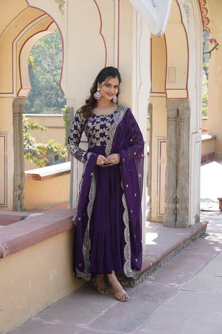 Jyoti Fashion Women's Purple Faux Blooming Jacquard with Sequins Embroidered Anarkali Dress with Dupatta - Distacart